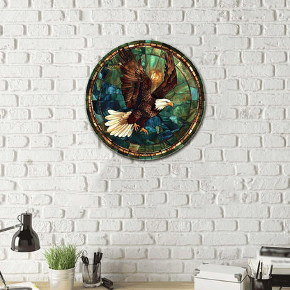 Lygond Metal Sign Tin Sign Circular Stained Glass American Bald Eagle Bathroom Signs for Home for Yard 8×8 Inches