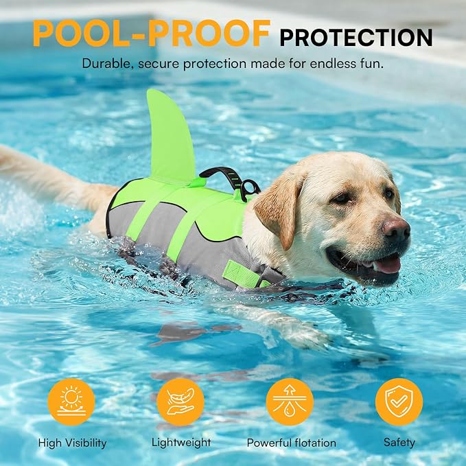 Dog Life Jacket Ripstop Shark Dog Safety Vest Adjustable Preserver with High Buoyancy and Durable Rescue Handle for Small,Medium,Large Dogs, Green Shark XX-Large