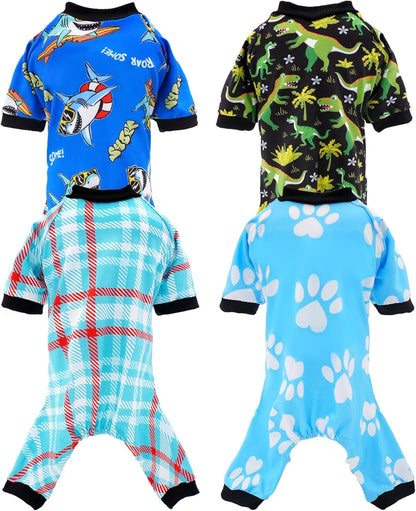 PET SHOW 4 Pack Small Dog Pajamas for Doggies Boy Dinosaur Shark Soft Stretchy PJs Plaid Jumpsuit Puppy Cats Paw Onesies Outfits with Sleeve Pets Breathable Summer Clothes Costume S