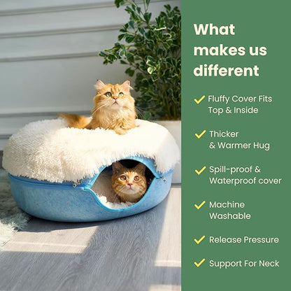 CATTASAURUS Peekaboo Cat Cave for Multiple & Large Cats Up to 30-45 Lbs, Fluffy Cat Beds for Indoor Cats, Scratch Detachable & Washable Tunnel Bed, Comfy Donut Cave (Blue, Large (Calming))