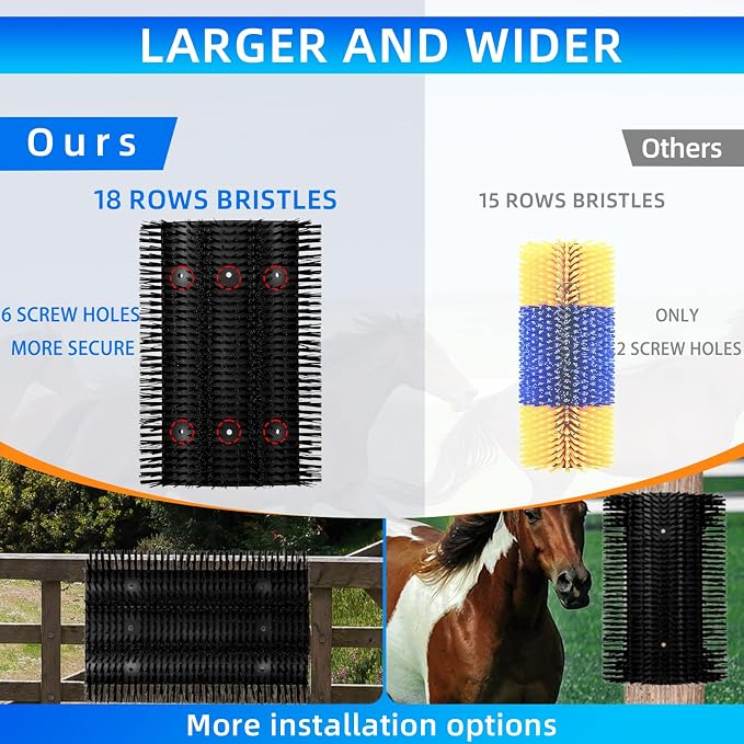 Extra Large Size Livestock Scratching Brush, Upgraded Horse/Goat/Cow/Cattle Scratcher Brush for Grooming, Itch Relief Horse Scratcher Brushes Kit with Two Sets of Mounting Screws(4-Pack,Black)