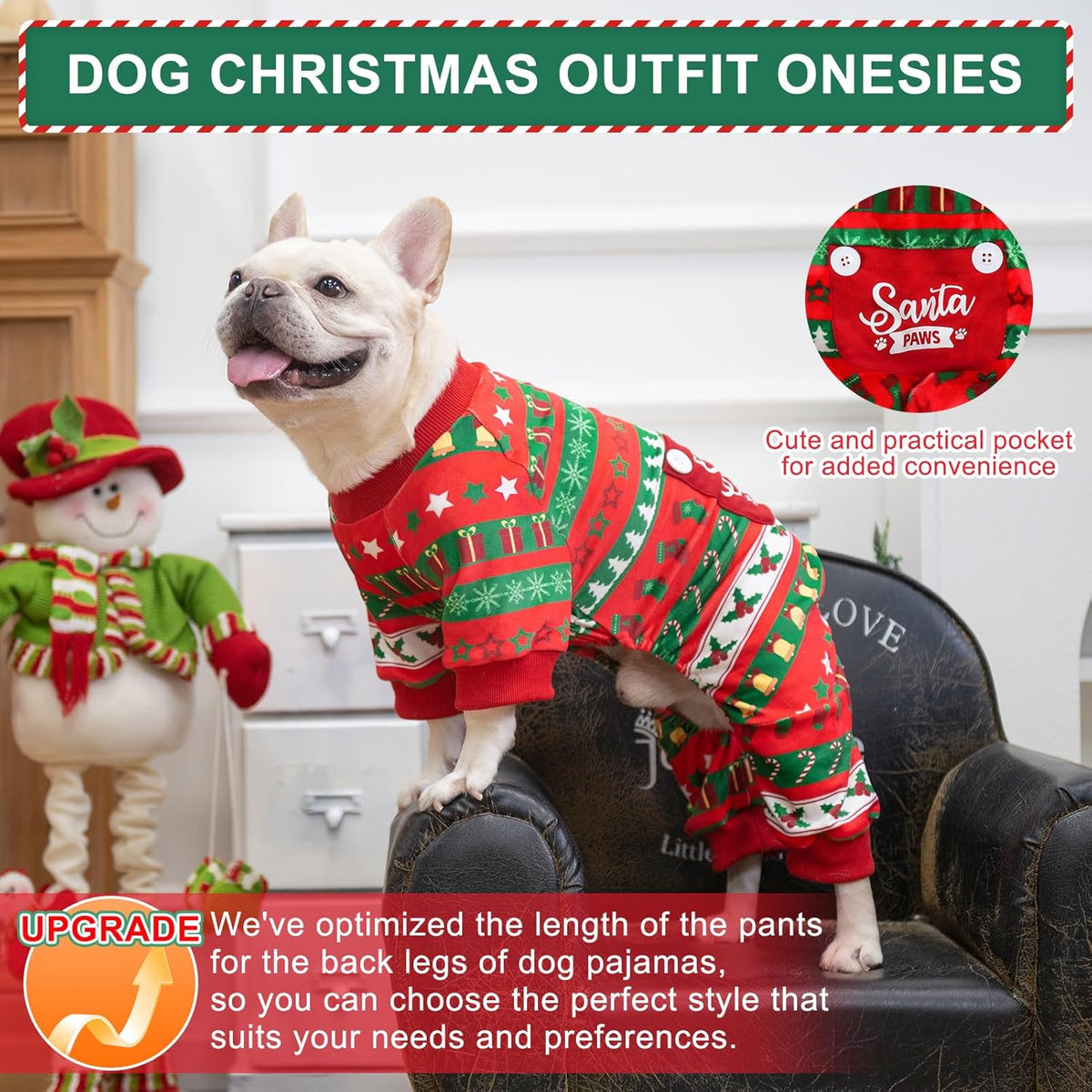 BEA Christmas Dog Pajamas for Small Dogs, Soft Fleece Pet Sweater Clothes Warm Puppy Onesie Outfits for Doggie Winter Christmas - Collar Adjustable Dog Pjs Jammies, Red S