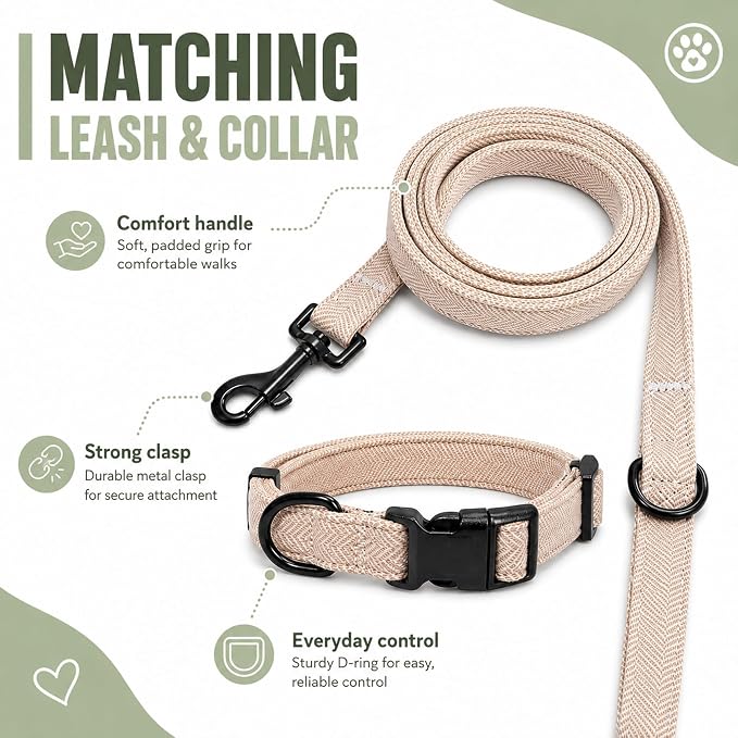 EVERKING 5-Piece Dog Travel Set, Adjustable Harness, Leash, Collar, Poop Bags, Bowtie for Small Medium Dogs, Beige, Breathable No-Pull Design (Beige, S)