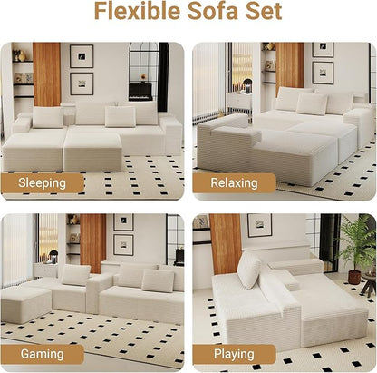 KAPEETOO U Shaped Boneless Sectional Couch with Chaise Ottoman, Giant Cloud Modular Sectional Sofa with Deep Seat, Oversize 3-Seater Boneless Couch for Living Room Bedroom Left Facing Chaise (White)