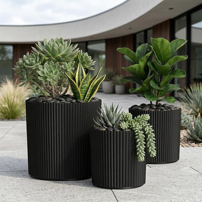 Mayne Haven Set of 3 (10in, 12in, and 14in) Fluted Planter, Round Planters for Outdoor Plants, Lightweight Concrete Look Plant Pots for Porch, Patio, Garden and Entryway Décor, Black