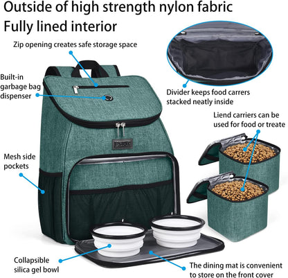 BAGLHER丨Dog Travel Bag, Airline Approved Pet Supplies Backpack, Dog Travel Backpack Accessories Set with 2 Silicone Collapsible Bowls and 2 Food Baskets. Green