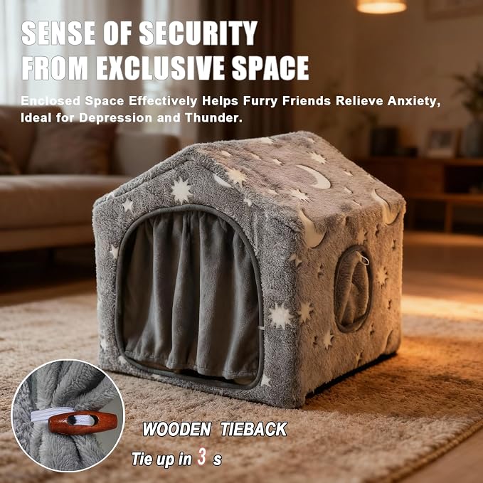 Indoor Dog House, Soft Warm Glow Dog Cave for Small & Medium Dogs | Warm Plush Dog Cave Bed with Sturdy Frame, Machine Washable, Non-slip, for Indoor Dogs and Cats