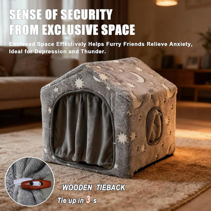 Indoor Dog House, Soft Warm Glow Dog Cave for Cat & Small Dogs | Warm Plush Dog Cave Bed with Sturdy Frame, Machine Washable, Non-slip, for Indoor Dogs and Cats