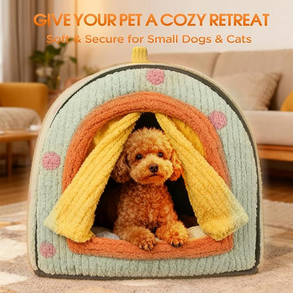 Dog House Indoor for Small Dogs, Green, Medium | 2-in-1 Enclosed Dog Bed with Cover Cave & Curtain, Dog Tent with Plush Washable Cushion, Inside Dog House for Pets