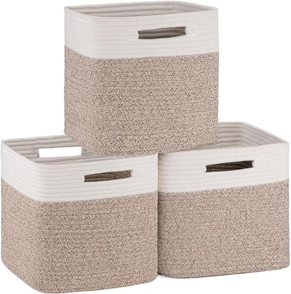 OIAHOMY Cube Storage Basket, 3-Pack Woven Cotton Rope Baskets, 11-Inch Cube Basket with Handles, Great for Shelves, Closets, Children's Toy Organization - White & Brown