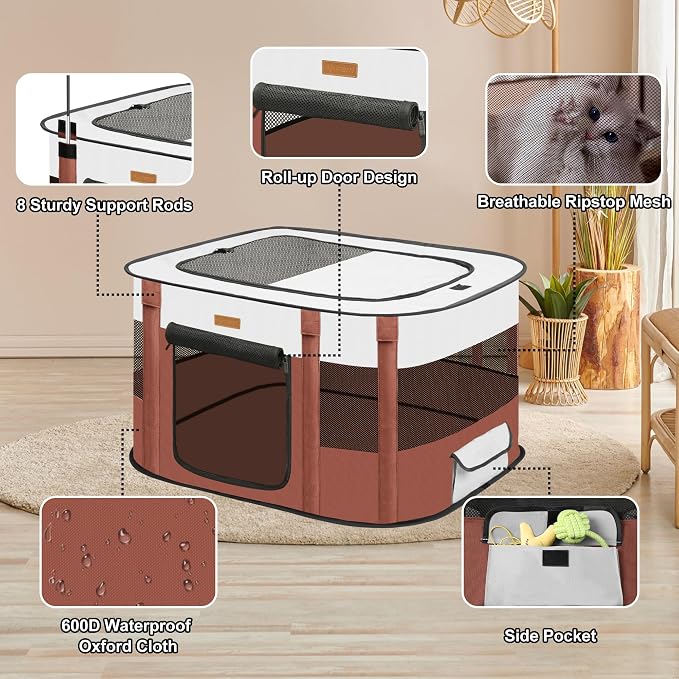 Dog Playpen - Foldable Cat Play Pens for Pubby, Kitten, Rabbit, Portable Pet Tent with Carring Bag for Indoor/Outdoor Travel Camping Brown X-Large