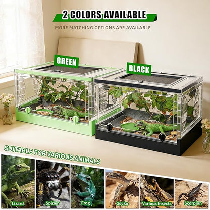 Travel Foldable Reptile Terrarium with Sliding Door Portable Spider Enclosure, Lizard Cage, Plastic Habitat for Tarantula, Tree Frog, Leopard Gecko, Snake, Ventilated Terrarium Starter Kit Black