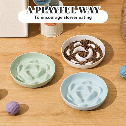 Melamine Slow Feeder Cat Bowls - Set of 3 Cat Food Dishes - Fun Maze Design for Slow Feeding - Dishwasher Safe - White × 3