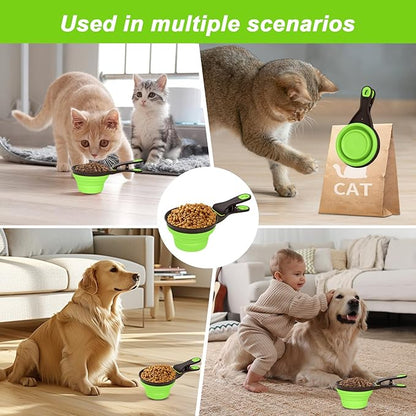 Collapsible Silicone Dog Food Scoop Foldable Pet Food Measuring Cup with Bag Clip 3 in 1 Multi-Function Silicone Dog Food Scooper (Green, Large)