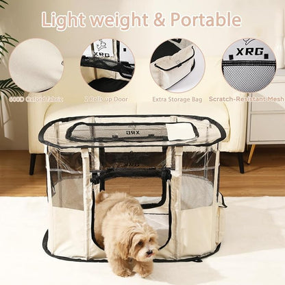 XRG Foldable Dog Playpen with Pad,Indoor Cat Kennel M(31.5"x23.6"x21.7") | Portable Dog Crates with Upgrade Breathable Mesh，Sturdy Cat cage Indoor & Outdoor for Rabbit or Small Animals，Beige