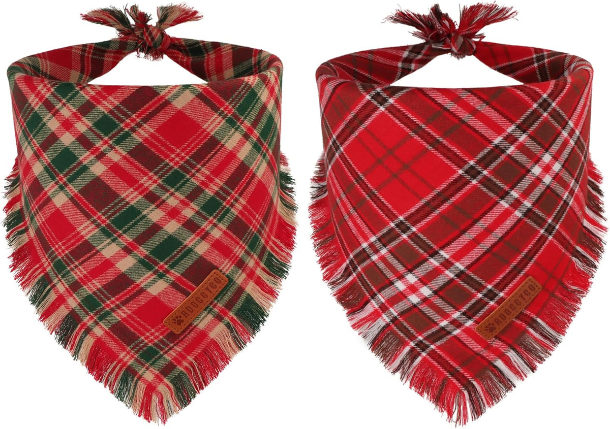 ADOGGYGO Christmas Dog Bandanas with Tassels Edges, Stylish Red Plaid Xmas Scarf, Multiple Sizes, Christmas Bandanas for Small Dogs (Small)