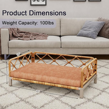 Outdoor Dog Bed, Elevated Dog Couch with Removable Cushion, Waterproof Rattan Wicker Orthopedic Indoor Raised Pet Sofa for Dogs, Cats, Pets (Brown)