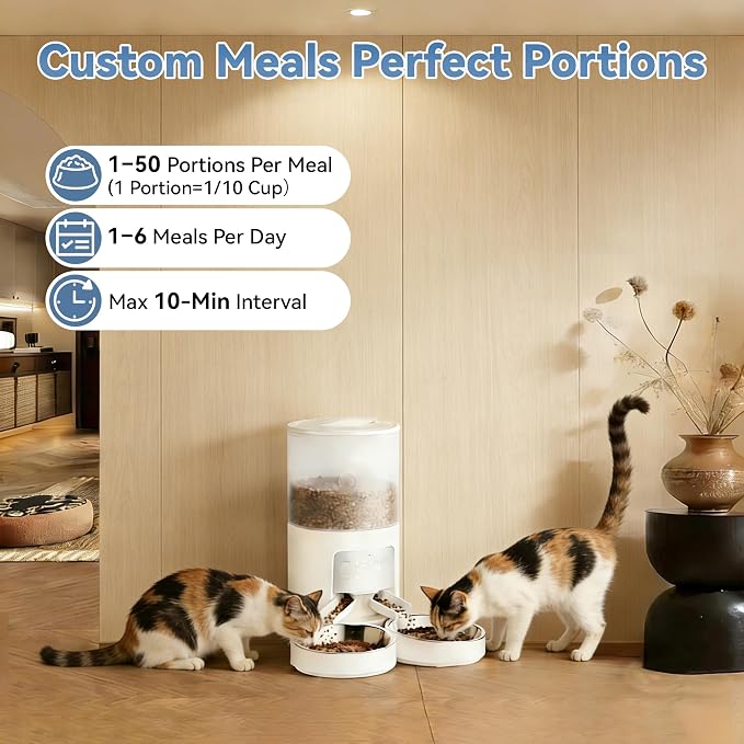 DUMOS 6L Automatic Cat Feeder for 2 Cats, Timed Pet Food Dispenser - White | 2 Stainless Bowls, 10s Voice Call, Dual Power Supply, 6 Meals Per Day, 50 Portions Per Meal, Dual Pet Feeder for Cat and Dog