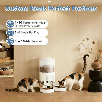 DUMOS 6L Automatic Cat Feeder for 2 Cats, Timed Pet Food Dispenser - White | 2 Stainless Bowls, 10s Voice Call, Dual Power Supply, 6 Meals Per Day, 50 Portions Per Meal, Dual Pet Feeder for Cat and Dog