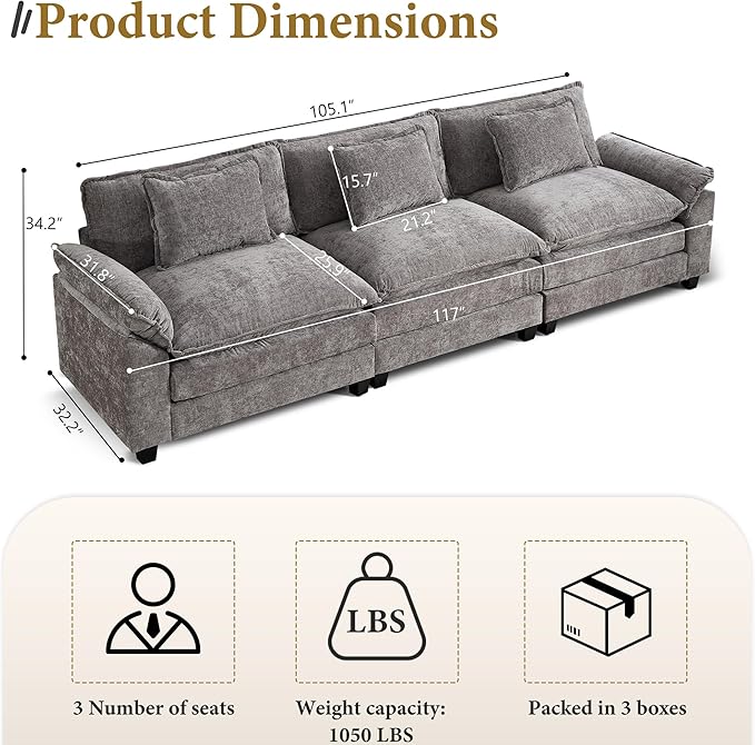 URRED Modular Sectional Sofa Comfy Cloud Couch, Modern Chenille Sofa Sleeper Deep Seat Couches with Ottoman/Pillows for Living Room (Gray, 117'')
