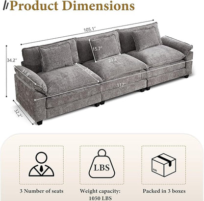 URRED Modular Sectional Sofa Comfy Cloud Couch, Modern Chenille Sofa Sleeper Deep Seat Couches with Ottoman/Pillows for Living Room (Gray, 117'')
