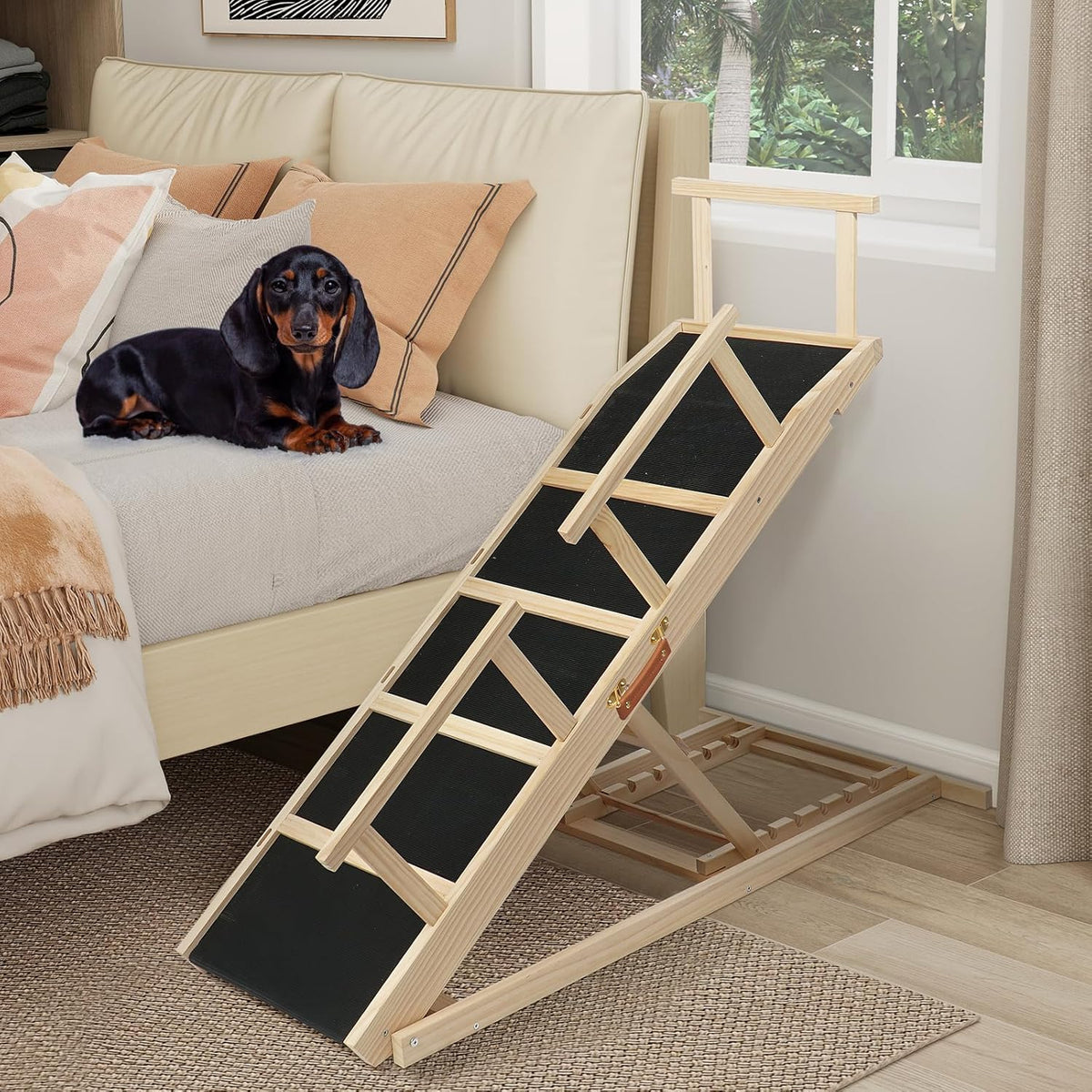 Dog Ramp for Bed PANTAZO Adjustable Ramps for Small Dogs to Get on Bed, Up to 28.5 Inches, 48'' Long,120lbs with Anti-Slip Grip & Safety Rail