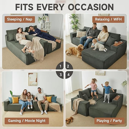 Modular Sectional Sofa Cloud Couch with Multi-Functional Armrests, Boneless Plush L-Shape Living Room Couch with Deep Seat, Fluffy Comfy Sleeper Sofa Easy Assembly (Green, Left Chaise)