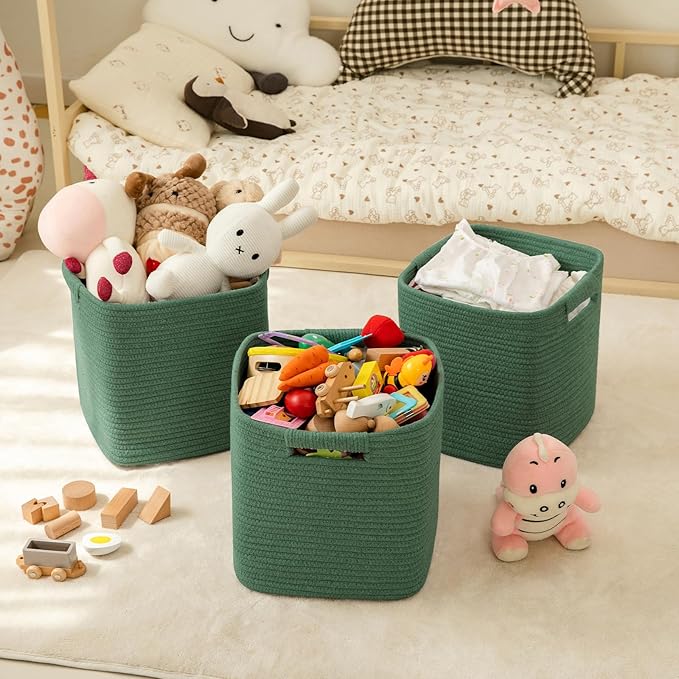 OIAHOMY Storage Cubes 11 Inch Storage Bins-3 Pack, Cotton Rope Woven Baskets for Organizing, Square Baskets for Shelves Organizer, Classroom, Toy Basket, Green