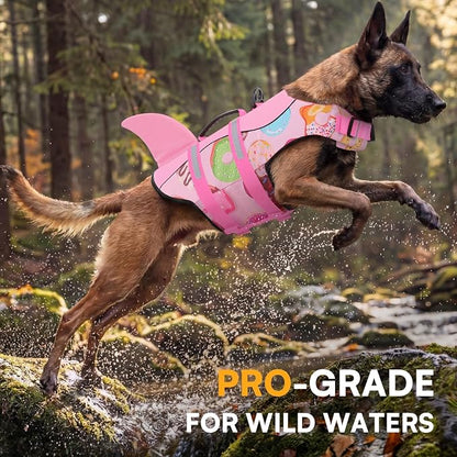 Dog Life Jacket, Dog Life Vest for Swimming, High Flotation Shark Swimming Safety Vest for Large Dods, Adjustable Reflective Pet Lifesaver Preserver, Pink Donut L