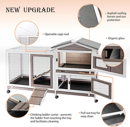 57" L Rabbit Hutch Indoor Outdoor 2 Story Large Bunny Hutch with Run Guinea Pig Cage Wooden Rabbit Cage with Removable 3 Pull Out Trays Pet House for Small-Medium Animals