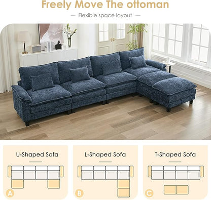 URRED Cloud Couch Modular Sectional Sofa, 157" Modern U Shaped Deep Seat Sofa with 2 Ottomans & Pillows, Ultra Comfy Chenille Couches for Living Room, Bedroom or Apartment, Blue