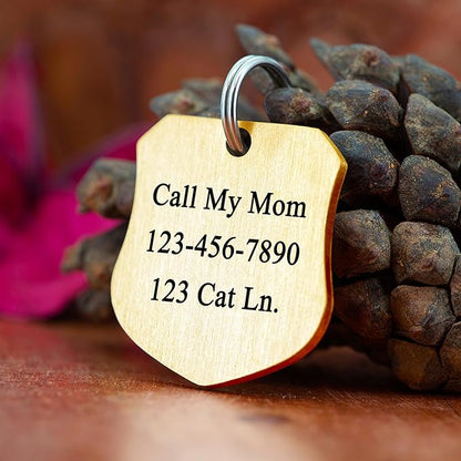 Ultra Joys Cat ID Tag Personalized Pet Tags, Durable Stainless Steel Small Pet Mini Dog Cat Tag Lightweight - Shield Tag in Gold