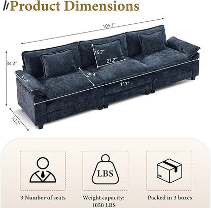 URRED Modular Sectional Sofa Comfy Cloud Couch, Modern Chenille Sofa Sleeper Deep Seat Couches with Ottoman/Pillows for Living Room (Blue, 117'')