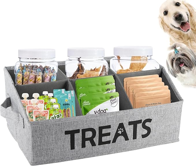 Dog Storage Organizer,Dog Treat Container Bin,Collapsible Fabric Storage Box for Pet Treats with dividers,Dog Stuff Container for Dog Treats Stick/Pet Canned Food/Packaged Snacks-Grey