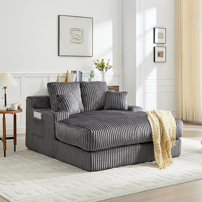 Asukale 60" Oversized Chaise Lounge Chair Indoor, Boneless Cloud Chair Bed with 4 Pillows & Armrests, No Assembly Corduroy Upholstered Sofa for Living Room, Bedroom, Apartment(Dark Grey)