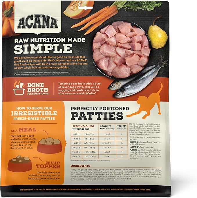 ACANA Grain-Free High Protein Freeze Dried Dog Food & Topper Free-Run Turkey Recipe Patties 14oz Bag