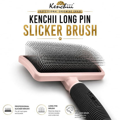 Kenchii Long Pin Slicker Brush for Dogs (Poodles, Doodles, Goldendoodles, Labradoodles), Professional Grooming Brush for Detangling, Fluffing & Dematting, Non-Slip Comfort Handle