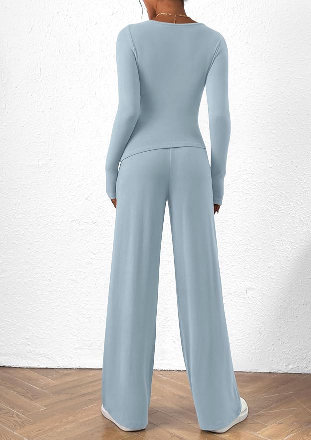 PRETTYGARDEN Women's 2 Piece Lounge Sets Asymmetrical Long Sleeve T Shirt Wide Leg Pants Casual Outfits Tracksuit