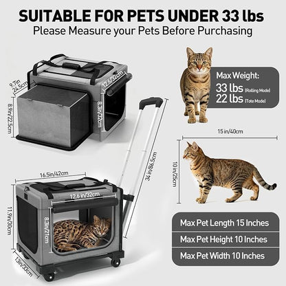 Rolling Cat Carrier with Wheels, 16.5 x 13 x 11.8 in, Light Gray | Expandable, foldable soft-sided carrier with detachable wheels and telescopic handle for cats and small dogs
