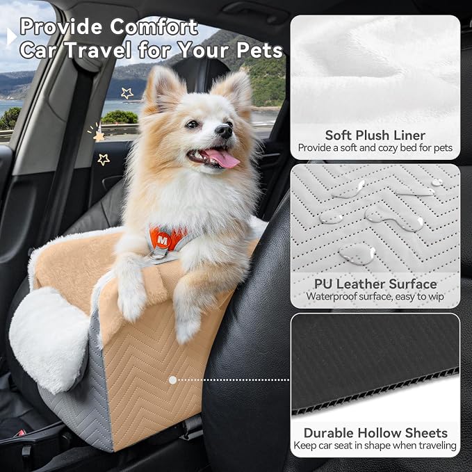 PETSFIT Console Dog Car Seat, Portable Small Dog Car Seat with Safe Protective Hooks, Luxury Dog Carseat Includes Safety Leash and Storage Pocket for Pets Up to 9 lbs (Grey)