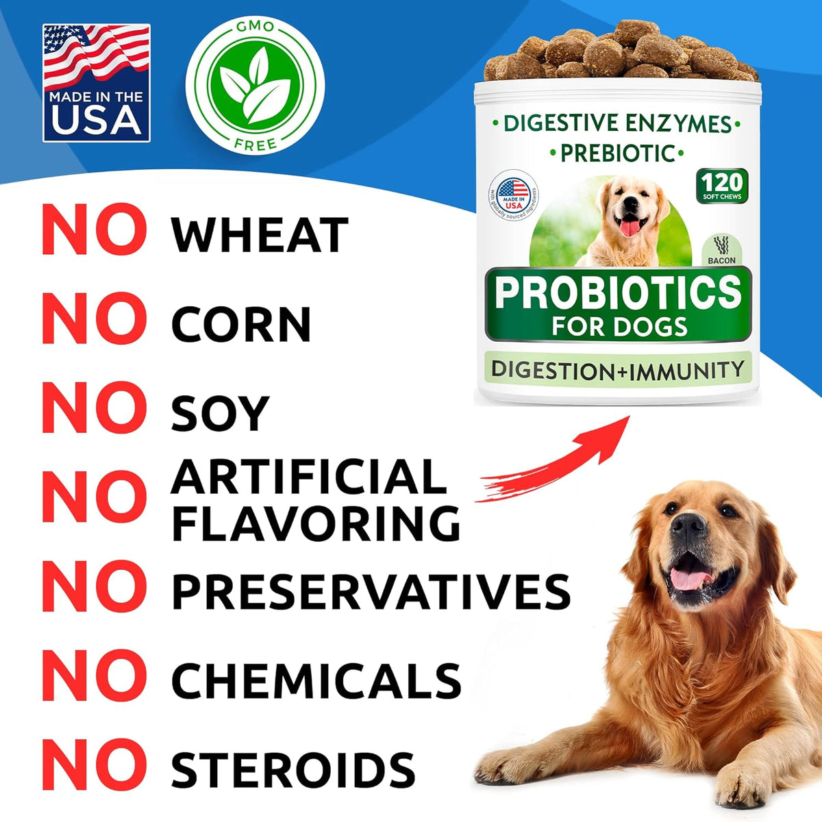 Bark&Spark Dog Probiotics & Digestive Enzymes (Gut Health) Allergy & Itchy Skin - Pet Diarrhea Gas Treatment Upset Stomach Relief, Digestion Health Prebiotic Supplement Large Dog Treats (240Ct Bacon)