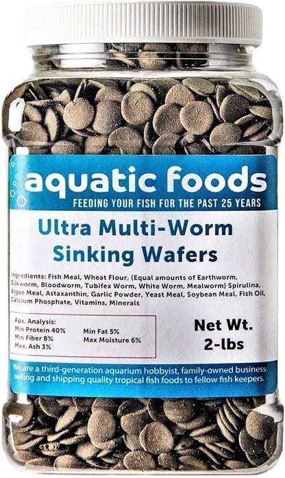 Aquatic Foods Inc. Ultra Multi-Worm 12mm - 1/2" Small Sinking Wafers for Bottom Fish, Shrimp, Snails, Crabs, Crayfish, All Tropical Fish...2-lb Med Jar