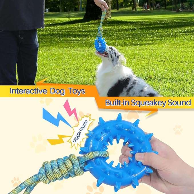 5 Pack Squeaky Dog Rope Toy & Treat-Dispensing Toys for Medium Large Dogs, Interactive Tug of War Dog Toys for Slow Feeder/Training/Playing