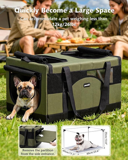 Pecute Cat Carrier, Soft Double Pet Crate for 2 Cats Travel, Green | 5mm Anti-collapse Frame, Convertible Dual Space, Foldable, Polyester Breathable mesh, Up to 26 lbs, Car Travel & Vet Visits