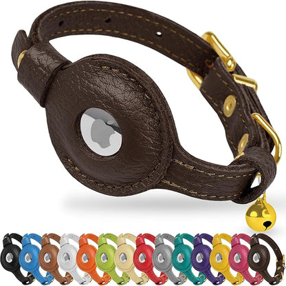 OOPSDOGGY Leather AirTag Cat Collar with Bell - Non Breakaway Kitten Collar with Apple Air Tag Holder - Lightweight GPS Pet Collars for Girl Boy Cats, Small Dogs, Puppies (Dark Brown)
