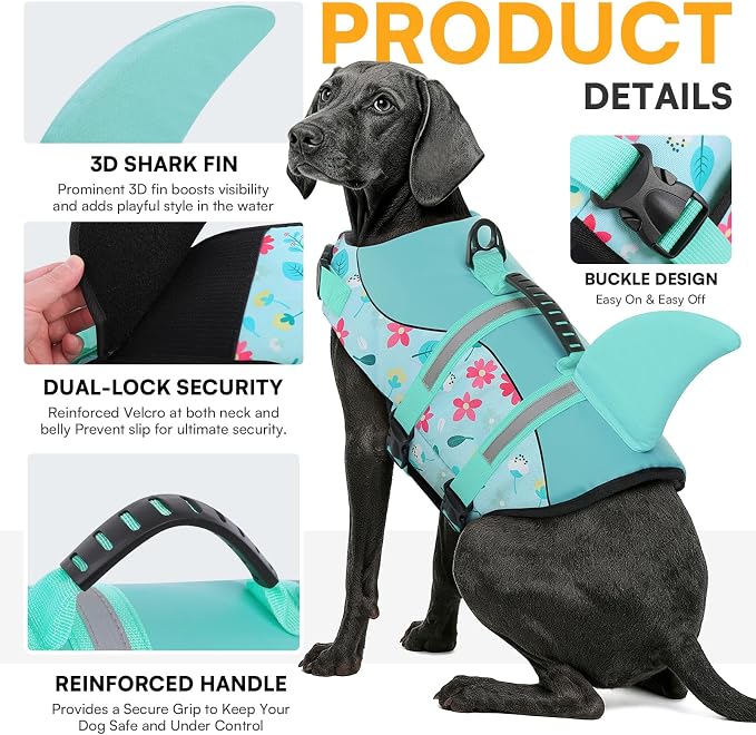 Dog Life Jacket, Dog Life Vest for Swimming, High Buoyancy Shark Swimming Safety Vest for Large Dogs, Reflective Pet Lifesaver Preserver with Rescue Handle, Blue Flower XL