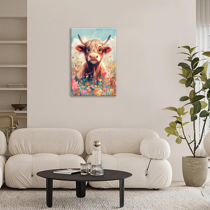 Highland Cow Wall Art Canvas Flower Cattle Wall Decor Prints Framed Painting Animal Pictures Gifts Artwork for Bathroom Living Dining Kitchen 16"x24"