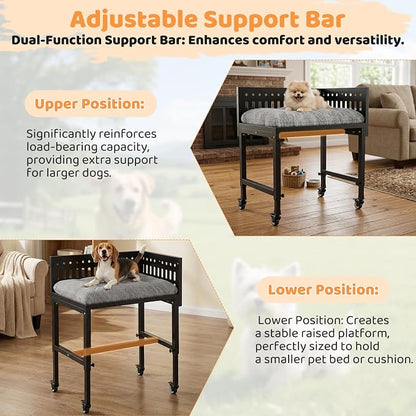 Beside Dog Bed,2 Panels Adjustable Height Dog Bunk Beds,26.8”x18.1” Metal Frame & Cushion, Converts to Bunk Bed or Bed Extension Attachment for Human Bed, for Small Dogs