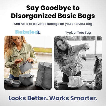 Puffer Dog Travel Bag for Dog Moms, Diaper Bag with Travel Bowls | 2 BPA-Free Collapsible Bowls, 2 Pet Food Containers, 9 Pockets, Everyday Puffer Bag Works With or Without Your Dog, Grey
