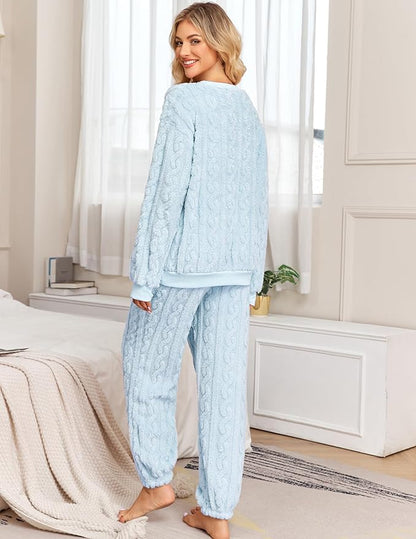 Pajamas Sets for Women Soft Comfy Fluffy Pajama Fleece Pullover Ribbed Pjs Warm Plush Lounge Sleepwear